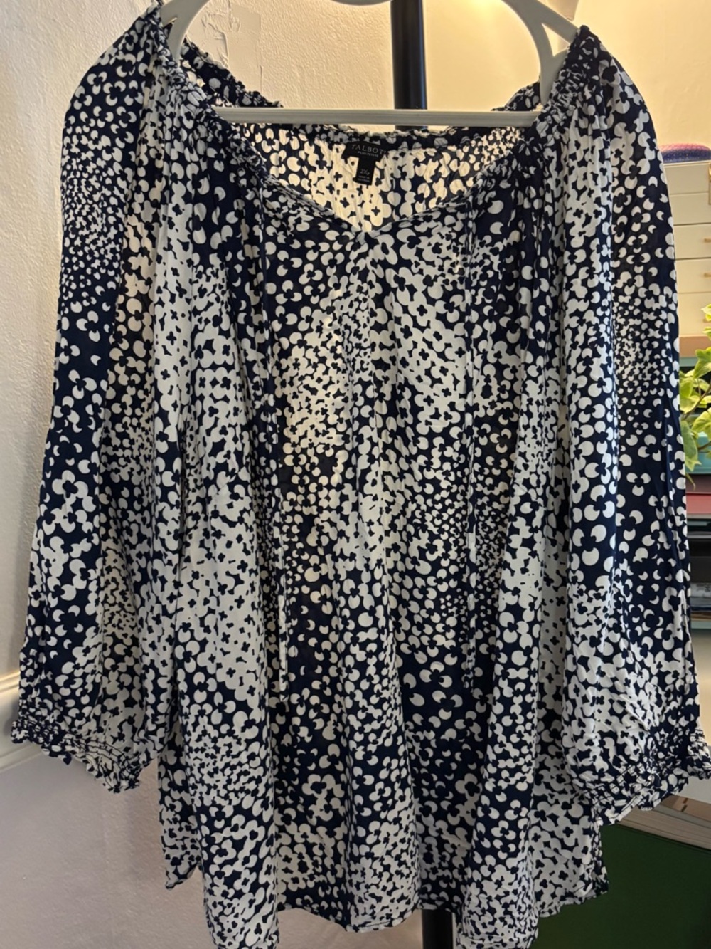 Talbots Navy and White Printed Peasant Top